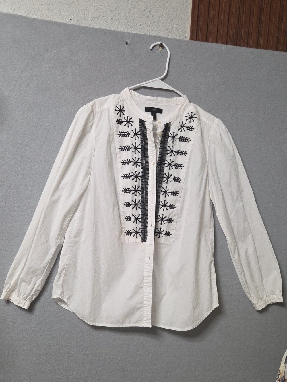 J.Crew Embellished Embroidered Poplin Button Up Blouse White Black Size Xz.